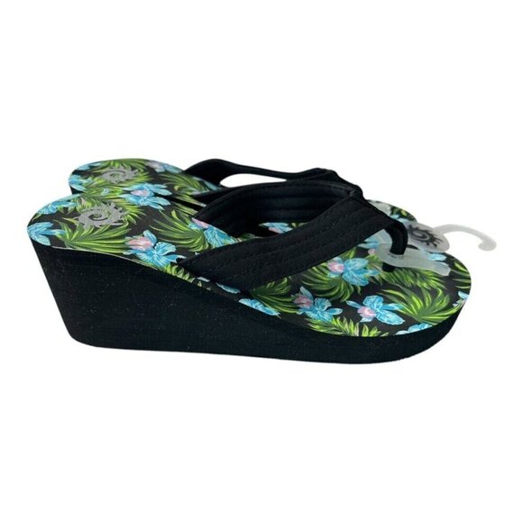 Hawaiian Womens Flip Flop Sandals~Size 7~Black Green Floral Wedge Shoe P7 17 - Picture 5 of 8